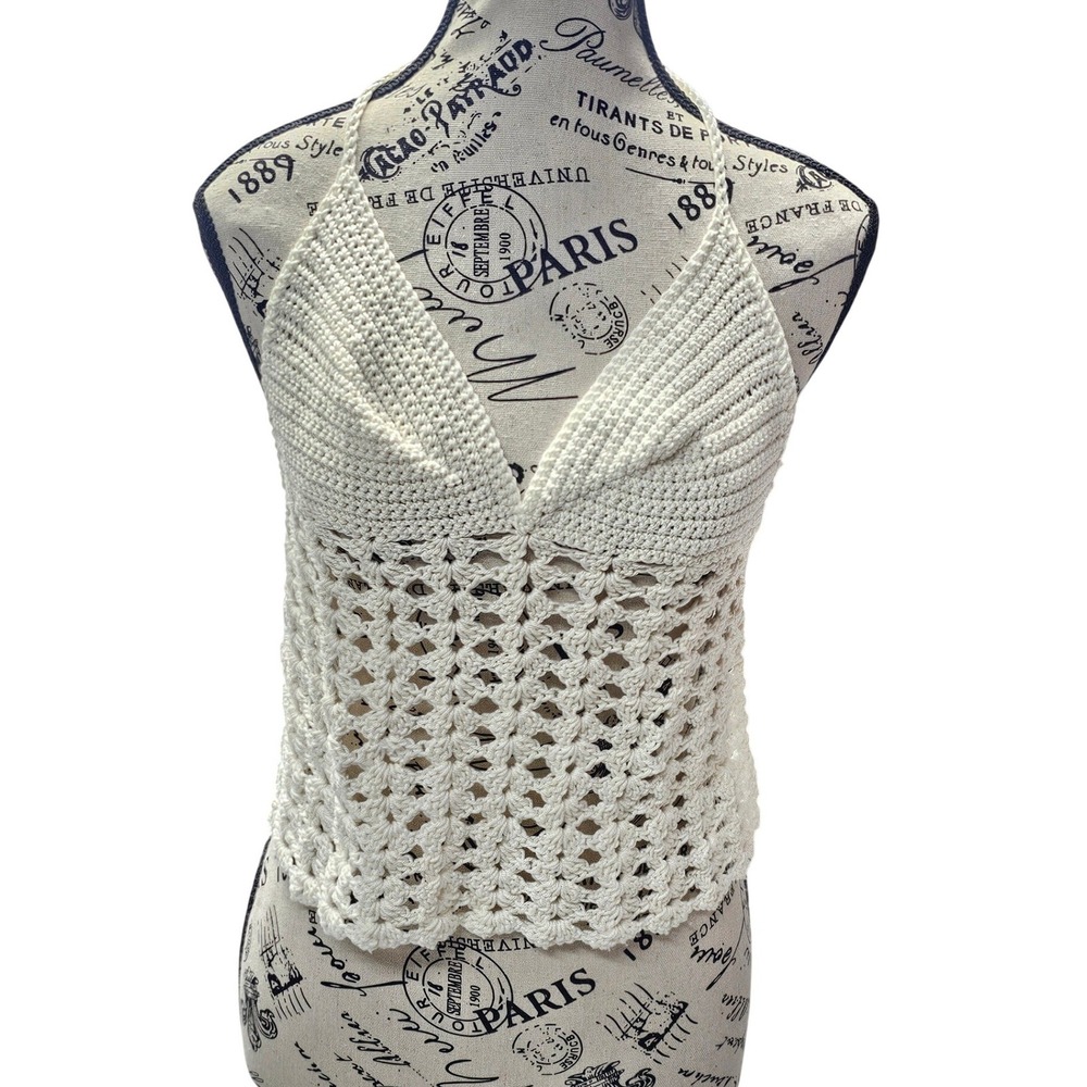 Handmade Crochet Halter Top Cream‎ Boho Open Knit Shell Stitch Festival Tank